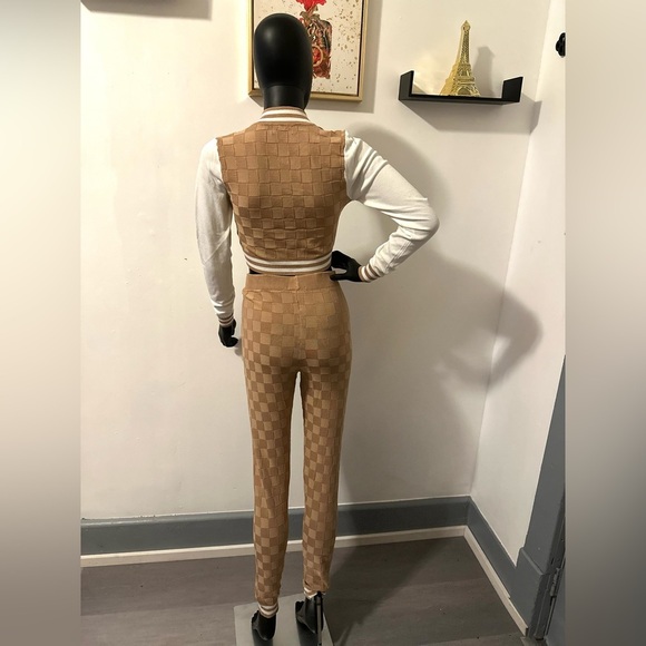 Khaki Two Piece Knit Varsity Stye Jacket Top High Waisted Knit Leggings Joggers - Picture 10 of 13